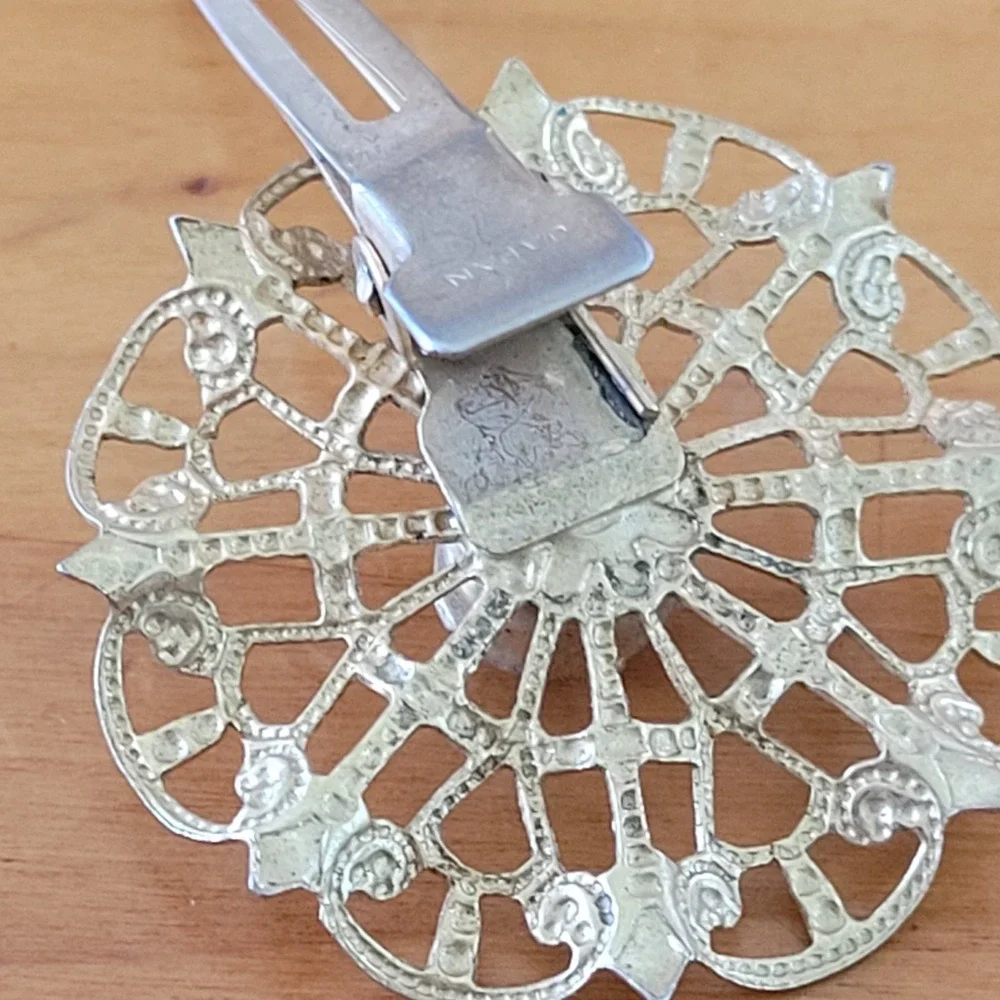 Vintage JAPAN Filigree Flower Hair Clip Smoky Rhinestone Silver Tone